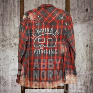 I'd Rather Be Camping RV Bleach Distressed Flannel Shirt - Medium
